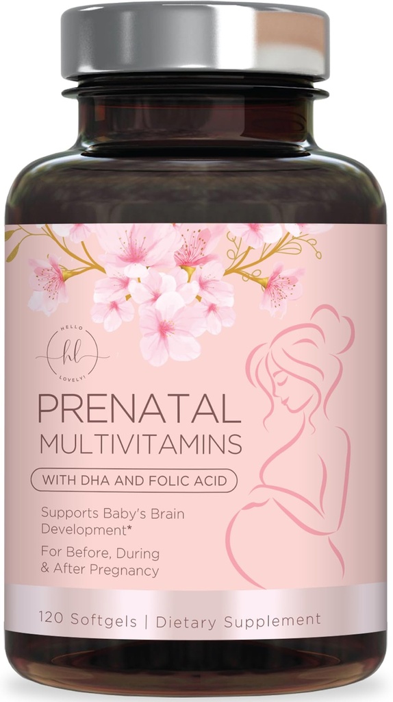 Prenatal vitaminer for kvinner med folsyre og DHA, Fetal hjerneutvikling støtte med Folate & Omega 3s, Multivitamin med vitamin A, C, D, B6, B12 & jern, Graviditet Supplement - 120 Softgels
