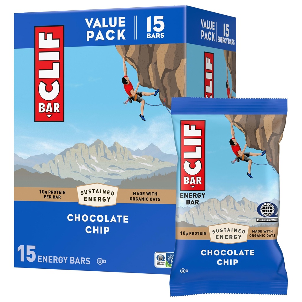 CLIF BAR - Energiprotein Barer - Sjokolade Chip - laget med økologisk havre - Energibarer - Ikke-GMO - (15 Pack)