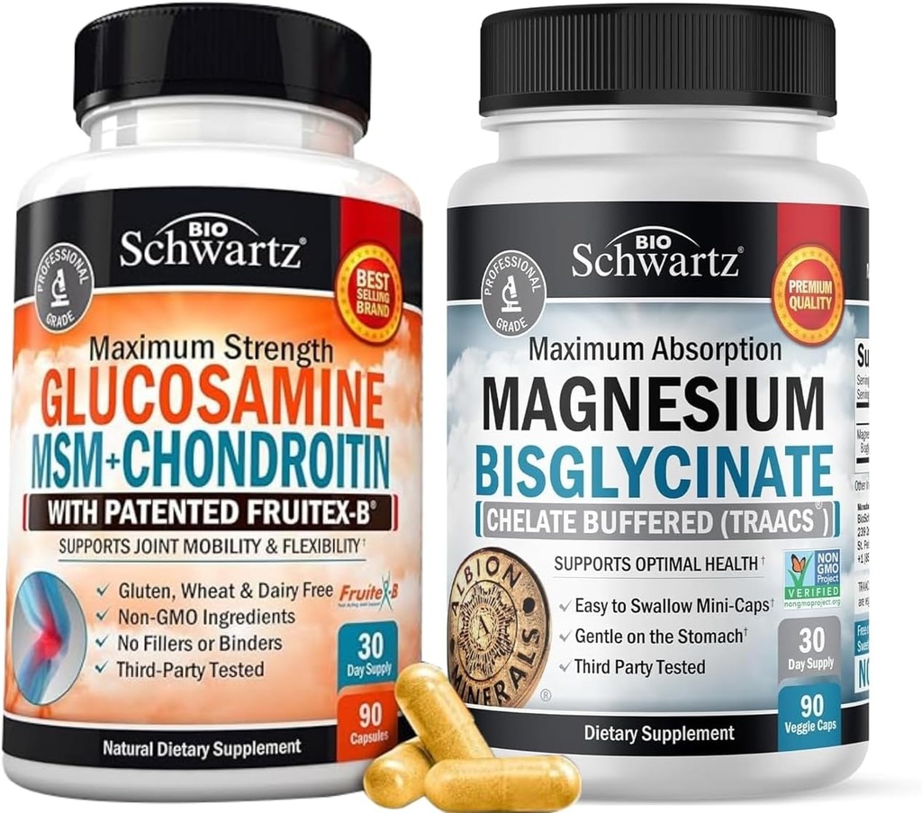 Høy absorpsjon Magnesium Bisglycinate Kapsler (1 måneds forsyning) Plus glukosamine Chondroitin MSM Tredobbelt styrke felles støtte Supplement (1 måneds forsyning)