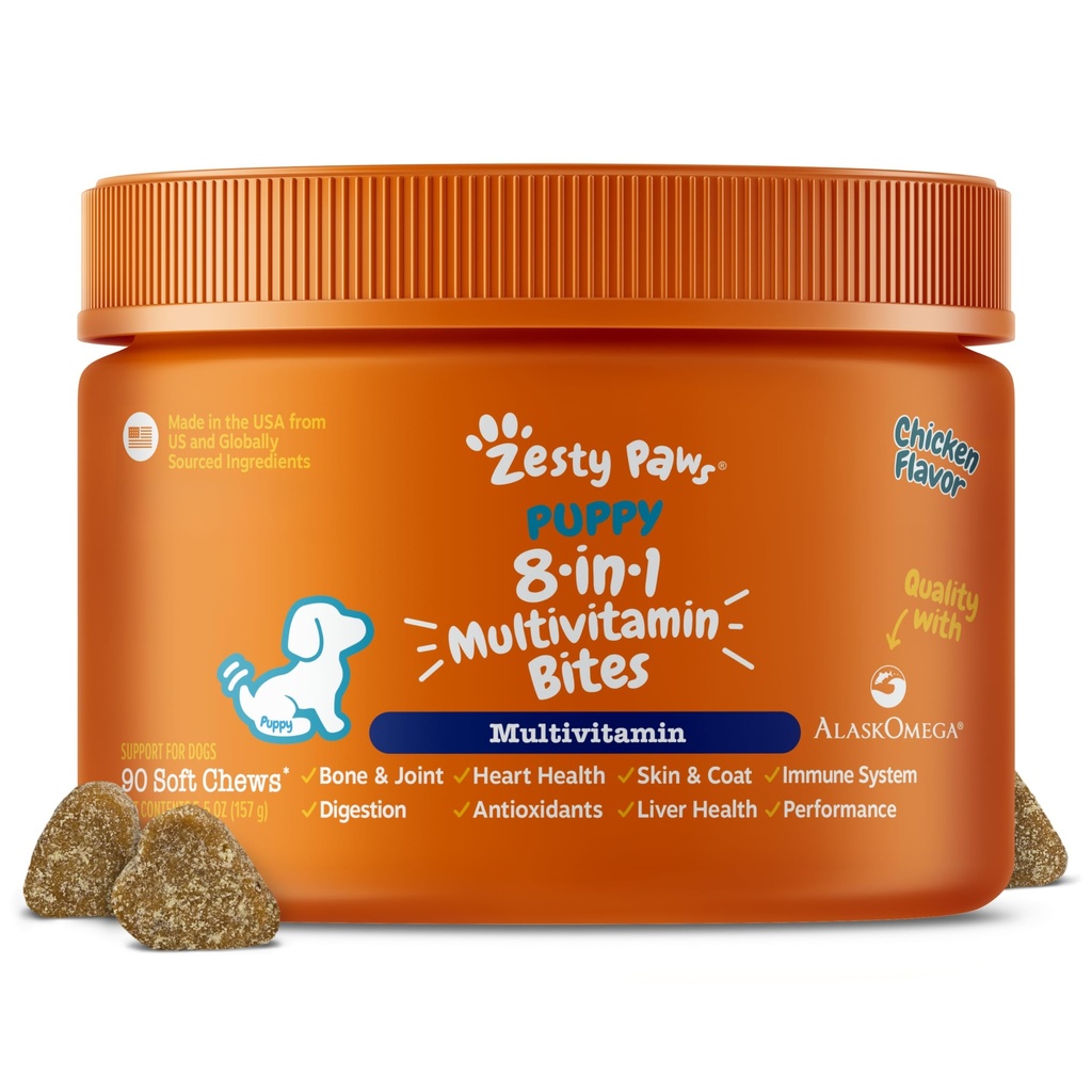 Zesty Paws Hund Multivitamin, Chewable Hundevitaminer og kosttilskudd for Hip & Joints, Hud & Coat, Omega 3 Fish Oil for Hunde-Puppy Multivitamin - Kylling Puppy Bites- 90ct