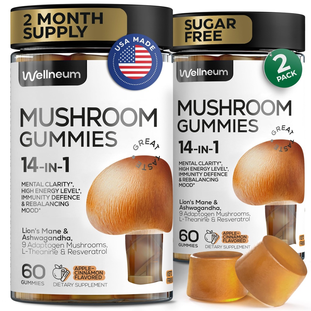 Mushroom Gummies 5000 Mg 120 stk (2 pakke) - Lions mane og 9 Adaptogen Mushrooms blanding - Ashwagandha, L-Theanine - Mushroom Gummies for energi, immunitet, fokus, Brain Boost - Ingen sukker og GMO