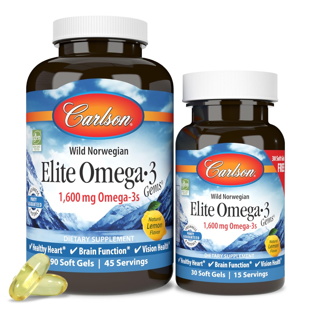 Carlson Labs Elite Omega-3, 1600 mg, Gems Fish Oil Mykt Gels, naturlig sitronflavor, 2 pakke (120 greve hver)