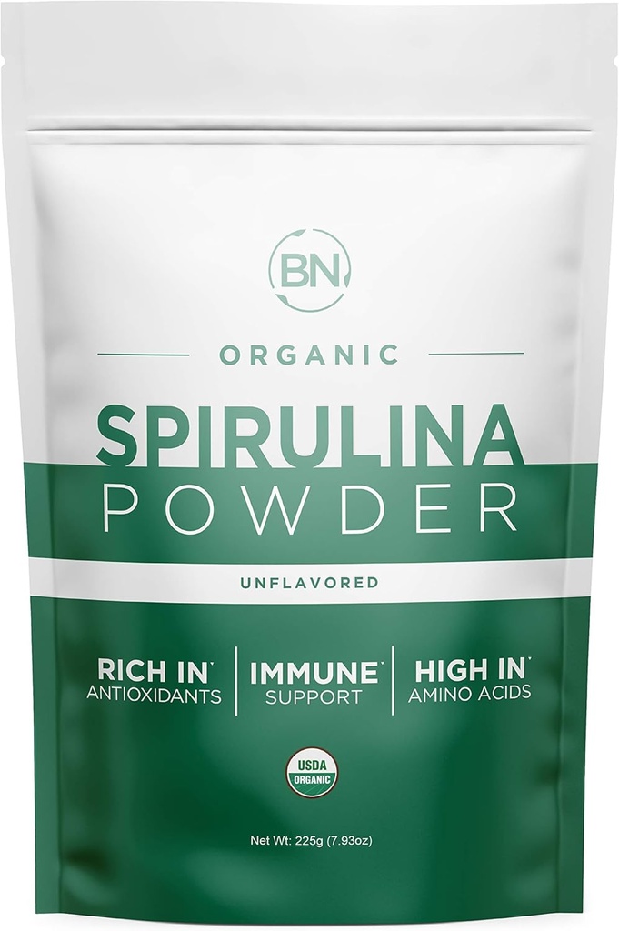 Spirulina Powder Organic 225g - 64 Serveringer 3,5g Serveringsstørrelse - USDA sertifisert - RAW Nutrient Dense Over 70% Protein Per Serving - Purest Source Vegansk Protein - Superfood