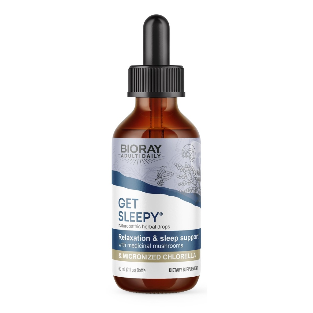 BIORAY Daily Get Sleepy - 2 fl oz - Relaxation & Rest Support - med medisin Mushrooms & Micronized Klorella - Ikke-GMO, Vegansk, Glutenfri - Ca. 30 Services