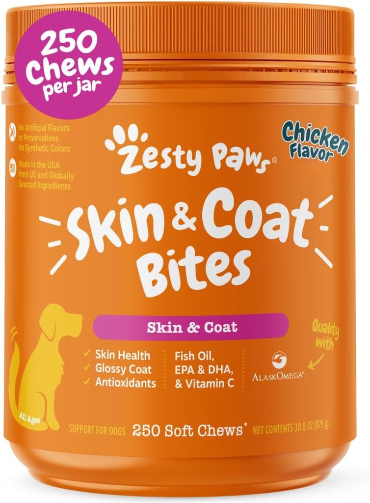 Zesty Paws Omega 3 Fiskeolje for hund - Zesty Paw Dog vitaminer og kosttilskudd for Hip, Joint & Skin, Kylling (250 Chews)
