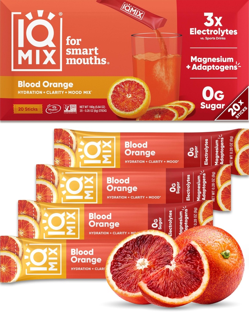 IQMIX Hydration Electrolyte pulver - 4-i-1 Formula for Hydration, mental klarhet, humør og gjenoppretting - sukkerfri drikkblanding, keto, magnesium L-treonat, Lion's Mane - 20 Count Blood Orange