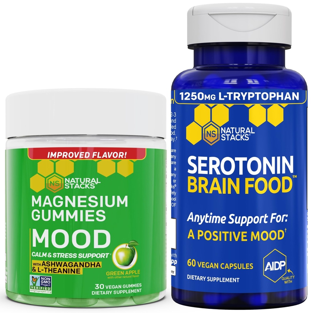 NATURAL STACKS Mood Magnesium Citrate Gummies + Serotonin Brain Food Bundle - Positiv Mood & Stress Support - 90 stykker