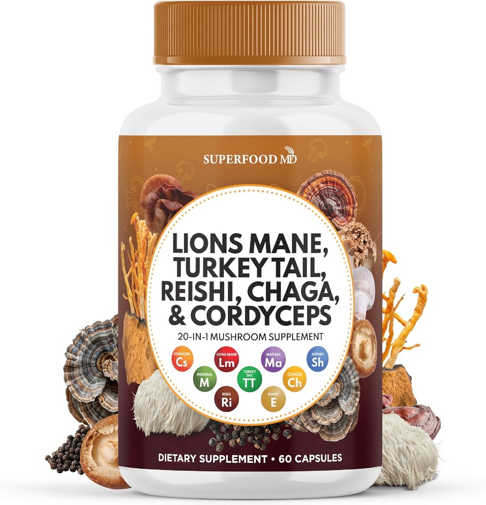 Lions Mane Mushroom Supplement med Tyrkia Tail Reishi Cordyceps Chaga med Marshmallow Root - 60 greve