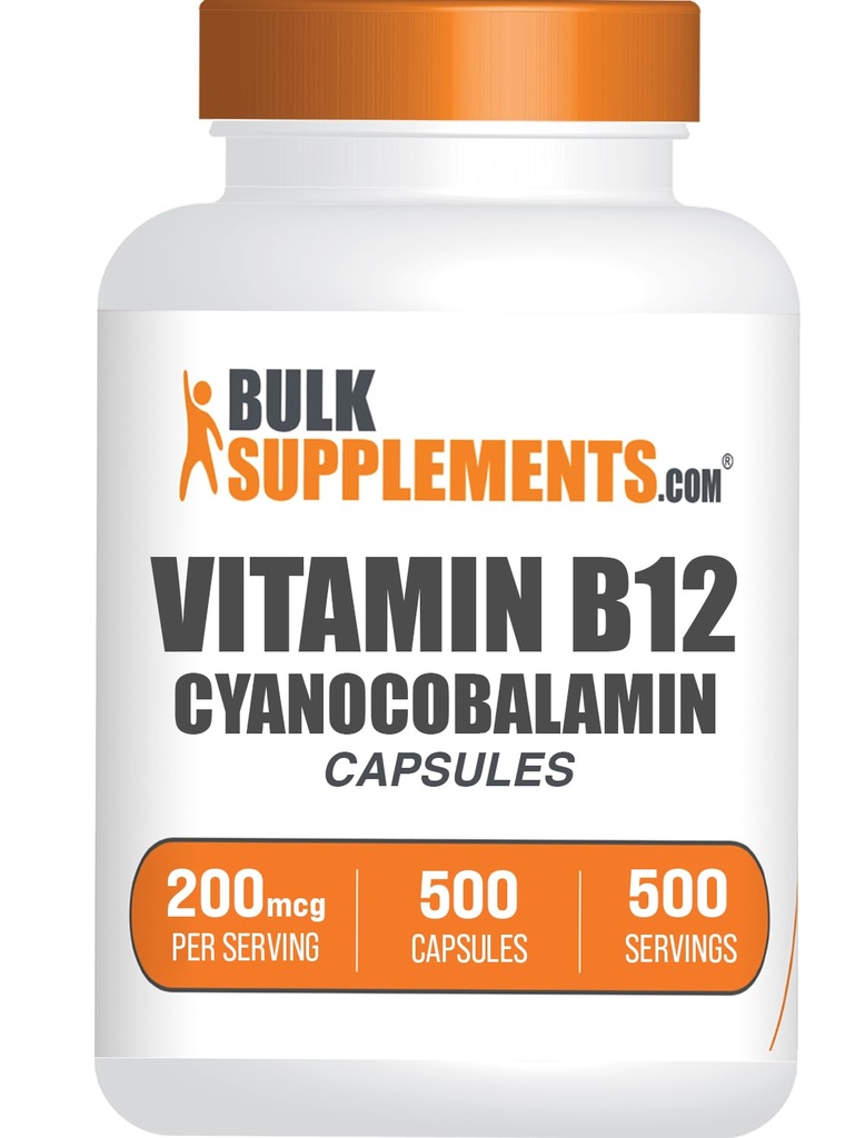 BulkSupplements.com Vitamin B12 Kapsler - som Cyanocobalamin, vitamin B Supplement, vitamin B12 200 mcg - Energivitaminer, Glutenfri, 1 Kapsel per servering, 500 Kapsler (Pack of 1)