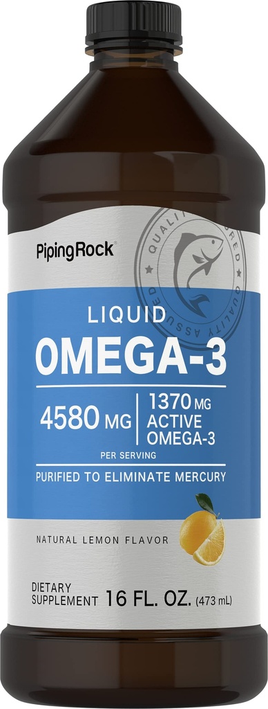 Piping Rock Omega 3 Fish Oil Liquid Supplement | 16 Fl Oz | Mercury Gratis | Lemon Flavor | 1370 mg Active Omega-3 | for menn og kvinner | Ikke-GMO, Glutenfri