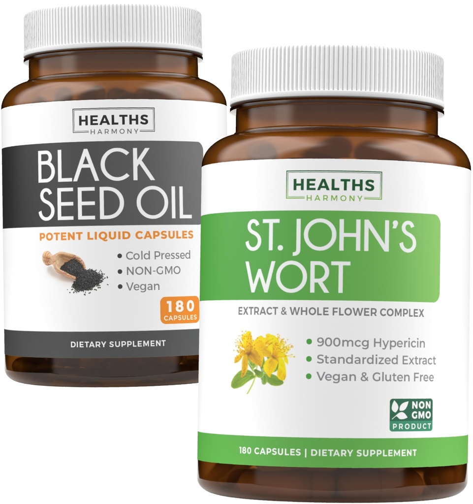 Svart Seed Olje & St. John's Wort (3-måneders forsyning) Harmony Essence Bundle av svart frøolje (180 kapsler) Kaldpresset Nigella Sativa & St. John's Wort (180 kapsler) med kraftig 900mcg Hypericin