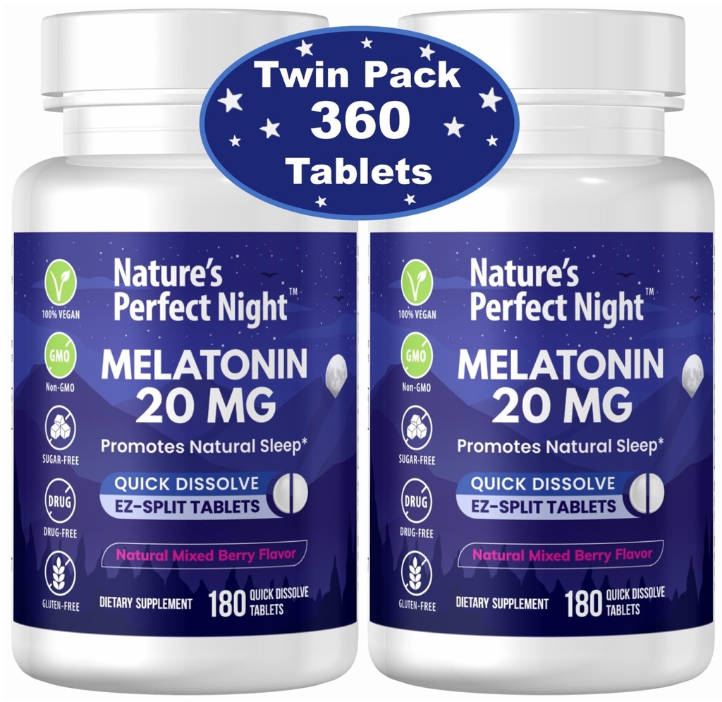 Naturens perfekte natt | Melatonin 20 mg | 180 Hurtigoppløselige tabletter, 2-Pack | Naturlig blandet Berry Flavor |High Potens | Sukkerfri | Vegansk | Glutenfri | 2 greve
