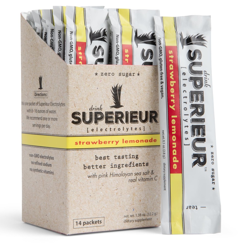 Superieur Electrolyte Powder Packets- Vegan Electrolyte Hydration Powder w/Sea Minerals- Keto vennlige, ikke-GMO, Zero Sugar Electrolyte Supplement-Sunt Sports Drink-Strawberry Lemonade (14 Packets)