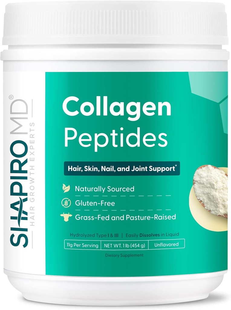Shapiro MD hårveksteksperter kollagen peptider pulver, kollagen pulver Supplement for hår, hud, negler og felles støtte, I & III Hydrolysert kollagen for enkel absorpsjon, 11g kollagen - 16 oz.