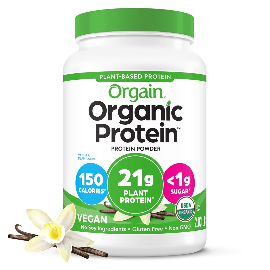 Orgain Organic Vegan Protein pulver, Vanilla Bean - 21g Planteprotein, 6g Prebiotiske Fiber, Ingen Laktose ingredienser, Ingen tilsatt sukker, ikke-GMO, For rister og smoothies, 2,03 lb (Packing May Vary)