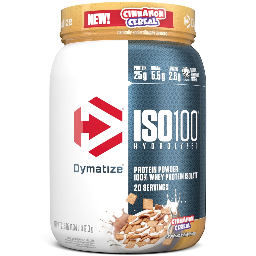 Dymatisere ISO100 Whey Protein pulver isolat, kanel cereal, 25 g protein, 5,5 g BCAA, mindre enn 120 kal., Glutenfri, 1g fett, 1g sukker, 2g karbohydrat (20 serveringer)