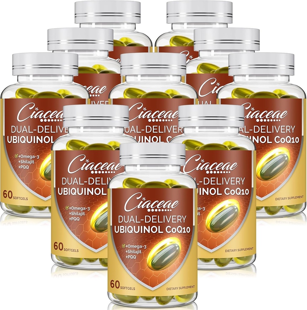 Ubiquinol CoQ10 600 MG Softgels med Omega-3 & Shilajit & PQQ, Advanced Dual-Delivery Coenzyme-Q10, Active CoQ10 Ubiquinol Supplement for fruktbarhet, Antioksidant, hjerte, hjerne og energi, 600 Services