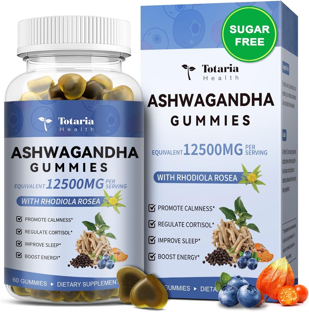 Totaria sukkerfri askewagandha fylte gummier 2500mg w/Vitamin D3, Magnesium Glycinat, Rhodiola, Ultra styrke askerot kosttilskudd for kvinner og wen, for avslapning, energi, Blåbær Flavor