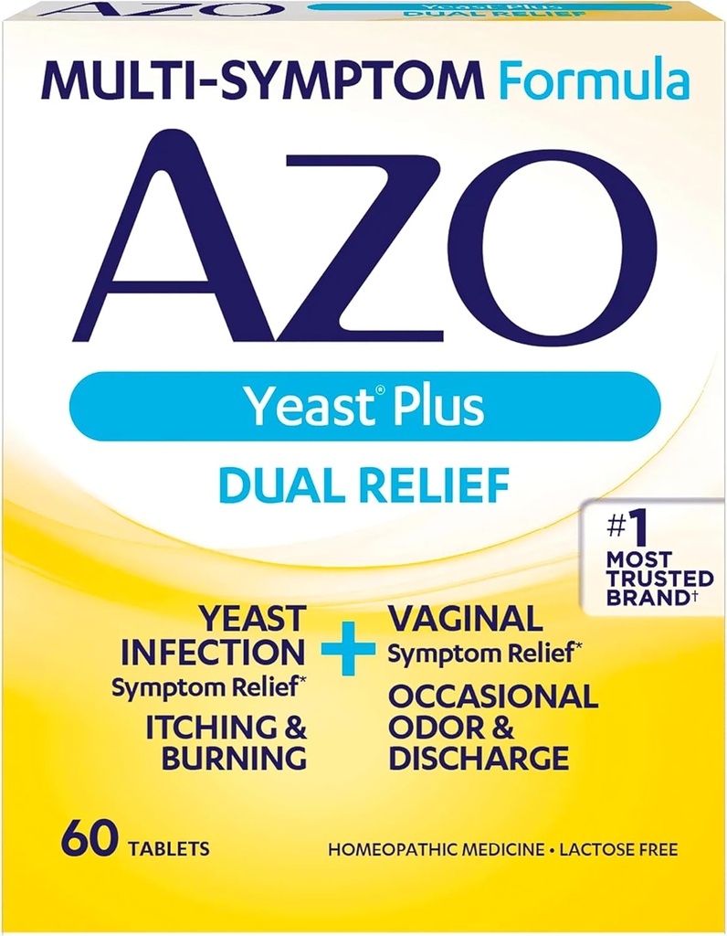 AZO Yeast Plus Dual Relief Tabletter, Yeast infeksjon og Vaginal symtom relief, lindrer Vaginal kløe og brenning, 60 teller