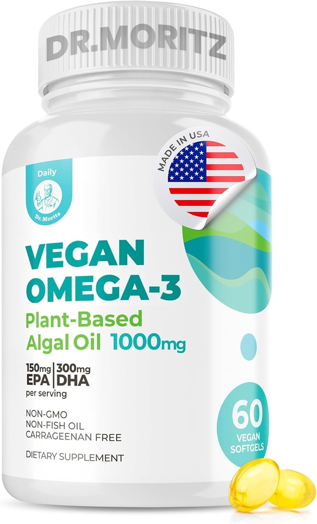 DR. MORITZ Vegansk Omega-3 Softgels for voksne og barn, laget av Algae olje med DHA EPA, små Algae Omega 3 kosttilskudd, Vegan, 60 greve