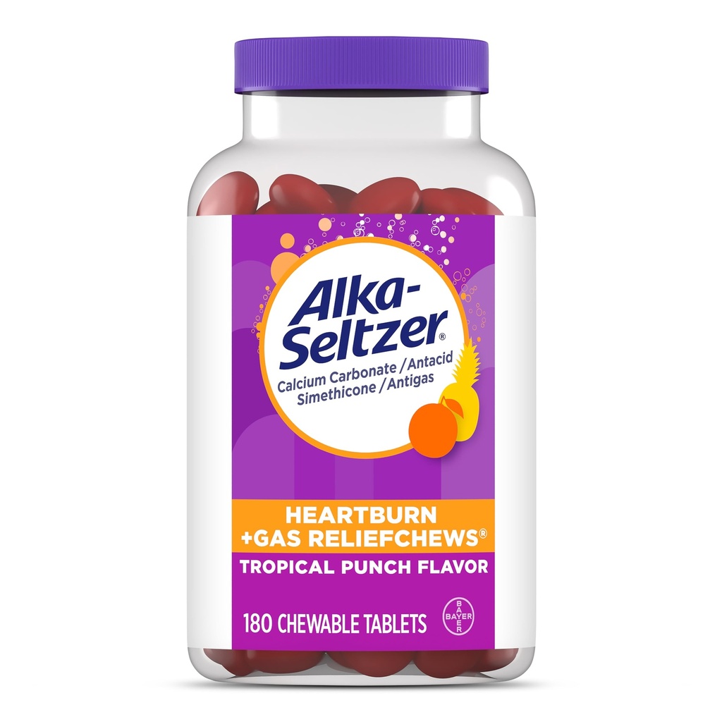 Alka-Seltzer Heartburn + Gass ReliefChews, Antacid + Antigass Chews for rask Heartburn Relief, Gas og syrebegrensning Relief På farten, 180 Ct
