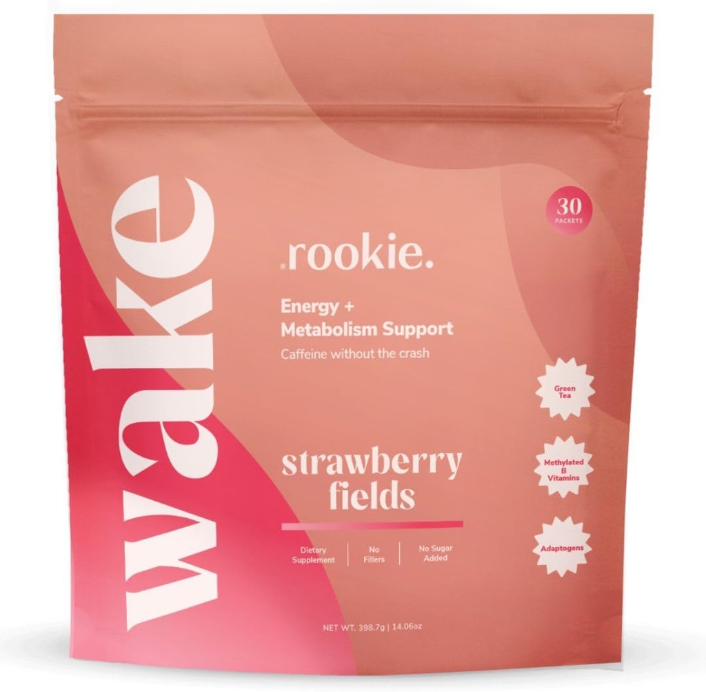 Rookie Wellness Wake - naturlig energi drikke pulver med 125 mg kaffe fra grønn te ekstrakt, B-kompleks vitaminer, Ashwagandha ekstrakt, & Guarana ekstrakt (30 serveringer, jordbær felt)