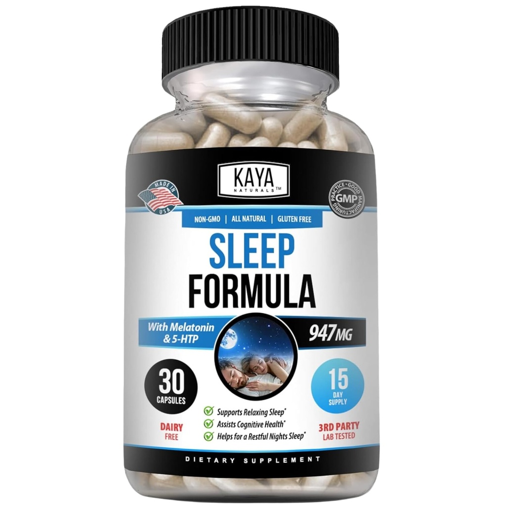 Kaya Naturals - søvn støtte formel med Melatonin - støtte støtte vitamin Supplement - søvn stress og humør støtte - L-tryptophan, lidenskap Blomster, Ashwagandha og mer (30 greve)