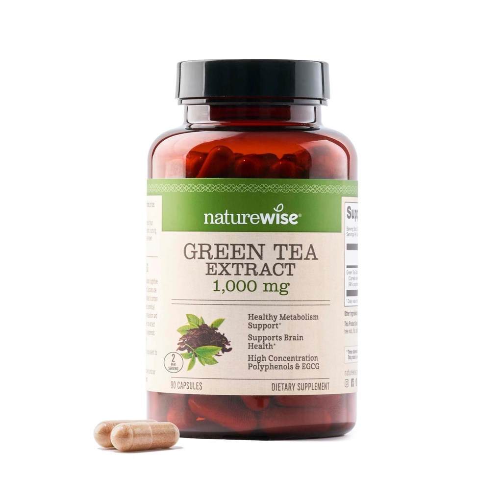 NatureWise Green Tea Extract Capsules 1000 mg - 50% EGCG & 98% Polyphenols - Extra styrke Grønne Tea piller - Antioksidanter for hjerte helse og energi - Vegan, ikke-GMO - 90 greve[45-dagers forsyning]
