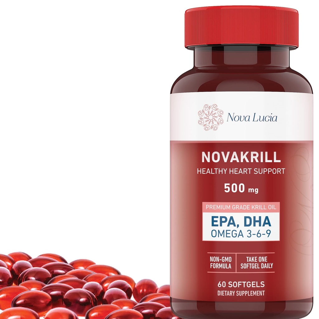NovaKrill Krill Oil Omega 3 Supplement – 1000 mg Softgels med EPA, DHA, Astaxanthin – Ingen fiskelig ettersmak – lett å svelge Antarktiskrillolje – 60 flytende kapsler