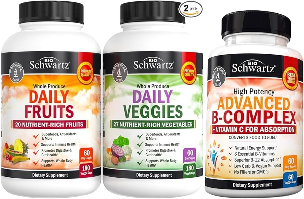 BioSchwartz daglige frukter og grønnsaker Supplement for kvinner og menn (2 måneders forsyning) Plus vitamin B kompleks med vitamin C (2 måneders forsyning)
