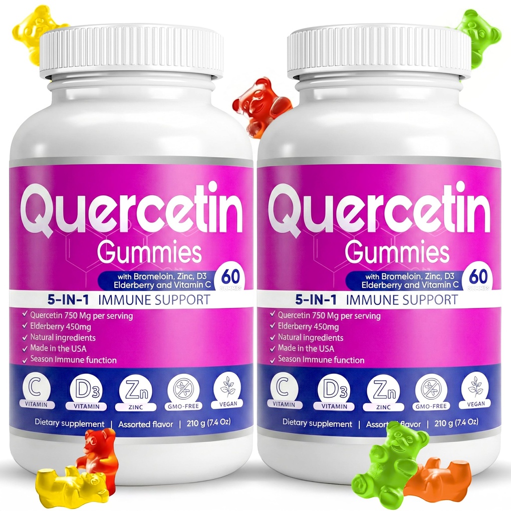 (2 Pack) Quercetin Gummies by BioVitalica - Quercetin med Bromelain Vitamin C og Zinc & Elderberry + vitamin D3-5 i 1 immunstøtte - Zink Quercetin 750 mg for barn og voksne