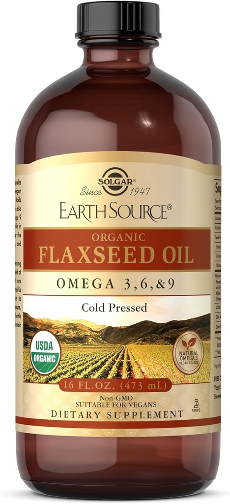 Solgar jordkilde Økologisk Flaksfrøolje - 16 fl oz - kaldt presset - Omega 3, 6 & 9 - USDA organisk, ikke-GMO, Glutenfri - Omega 31 Services