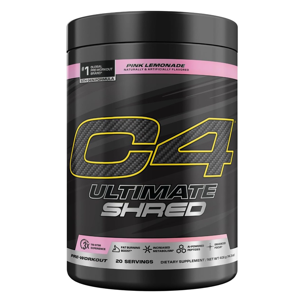 Cellucor C4 Ultimate Shred Før Trening pulver, Metabolisme Supplement med Cayenne ekstrakt + 300mg Koffein + TeaCrine + Dynamin - rosa sitronade, 20 Serveringer