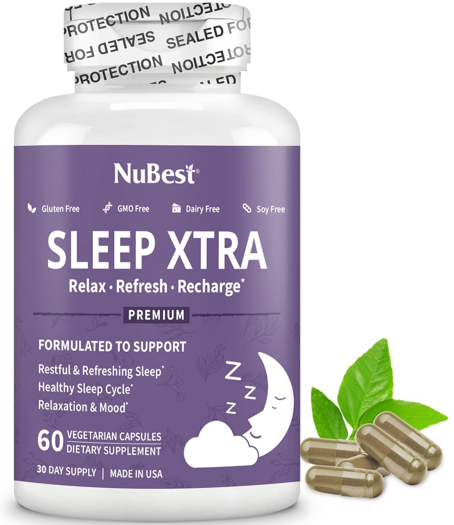 NuBest Sleep Xtra | Støtter sunn søvn for voksne | Vitamin B6, Melatonin, Ashwagandha, Kamille, Valerian og mer - Non Habit-Forming | 60 Vegan Capsules |1 måneds levering