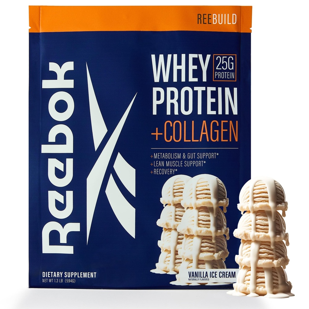 Reebok Whey Protein Powder + Collage Peptides | 25g Protein med 9 essensielle Aminosyrer | Muskelgjenvinning, Felles og Gut støtte | Informert-Sport Certified | ReeBuild Vanilla Iskrem Flavor, 1,3 lb
