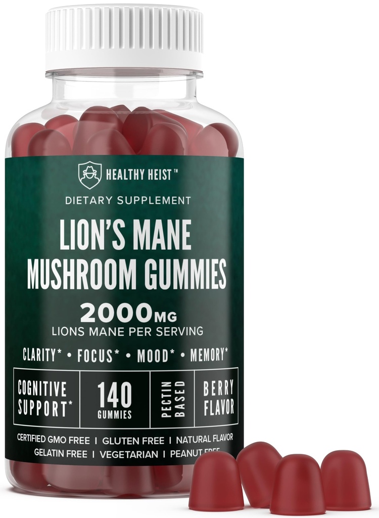 Lions Mane Mushroom Gummies for voksne, 140 greve bulk løve Chewables, høy styrke 10:1 organisk ekstrakt utgjør 2000 mg, Supplement støtter mental klarhet, fokus, Mood og hjerne tåke