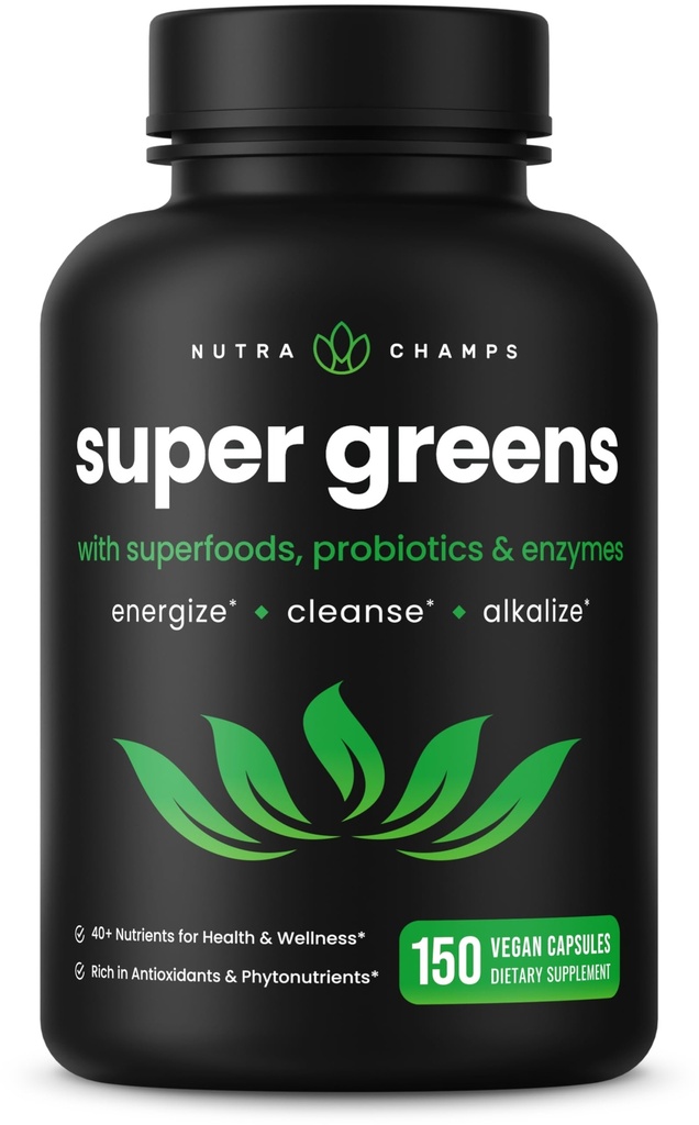 NutraChamps Organic Super Greens Capsules - Alfalfa, Spirulina, Klorella og mer - Antioksidant, Digestive Enzyme & Probiotic Blender - 150 Grønne Superfood Capsules