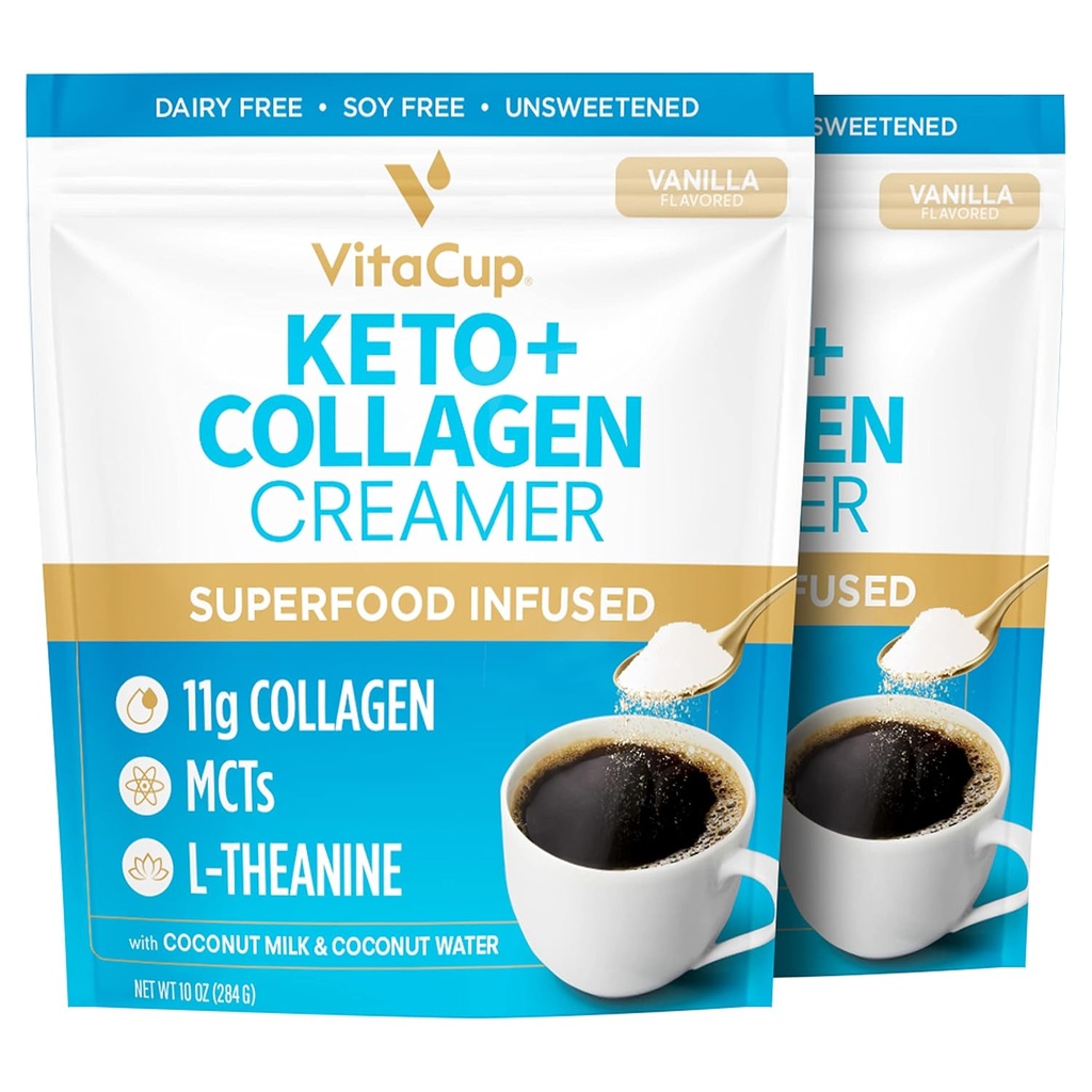 VitaCup Keto + Collage Coffee Creamer Vanilla Flavor w/MCT, kollagenprotein, kokosvann, L-Theanine for keto diett, kaffe, smoothies, & rister, Dairy-Free, Glutenfri, Soja-fri, 2 poser,10oz hver