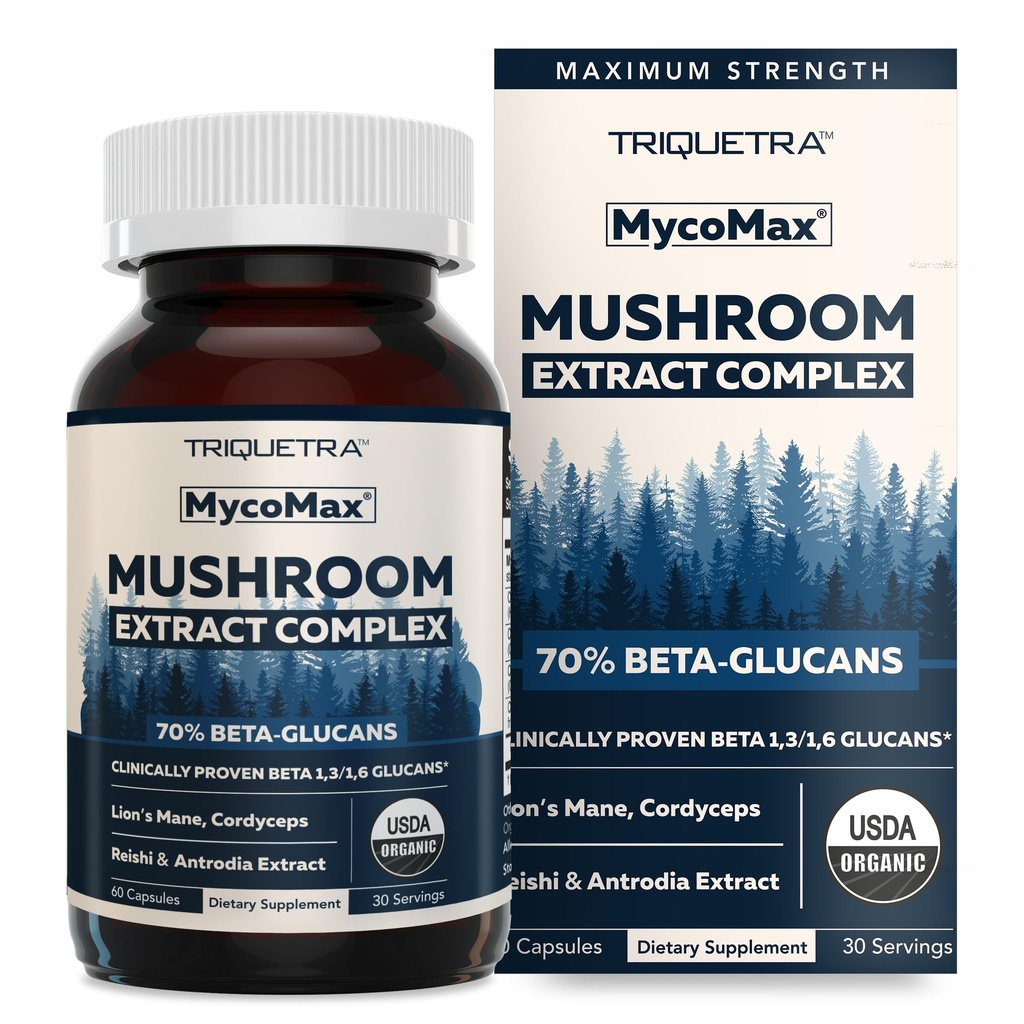 MycoMax Mushroom Complex - 70% Beta Glucans, Max Potens Mushroom Supplement, USA Voksen + Ultralyd ekstraksjon - Lions Mane, Cordyceps, Reishi & Mer - Kognisjon, Immunitet, Energi - 60 kapsler