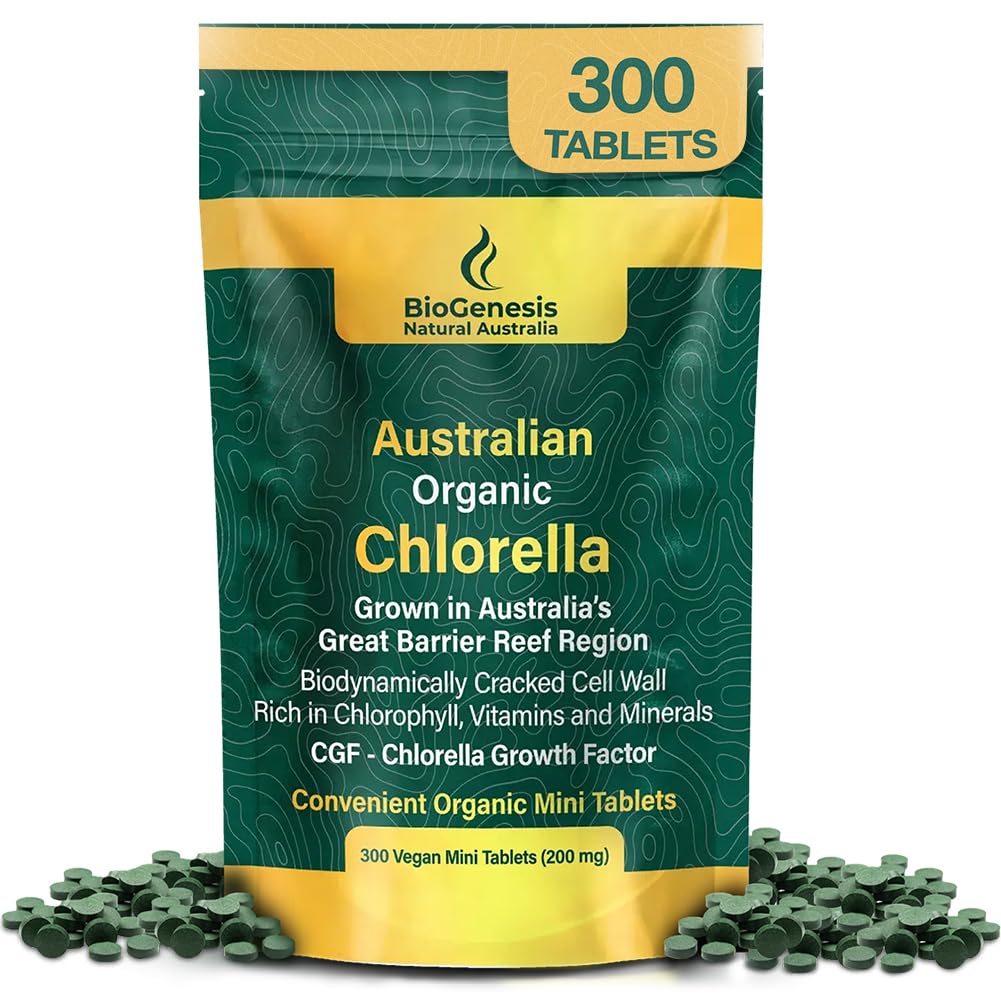 Biogenese organiske klorella Mini Tabletter – 300 greve (200mg)  Australian Australian Grown | Rich i klorofyll, vitaminer og mineraler | Støtter energi & immunitet | Vegan Mini Tabletter