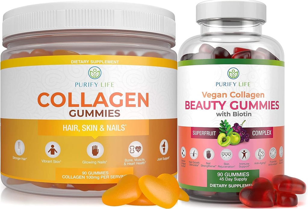 Rense livet Marine Collage & Vegan Collage Bundle, Gummies Vitaminer for hår hud og negler Helse (90 Chews), pore Reduser & Elasticity, Erstatte kapsler, piller