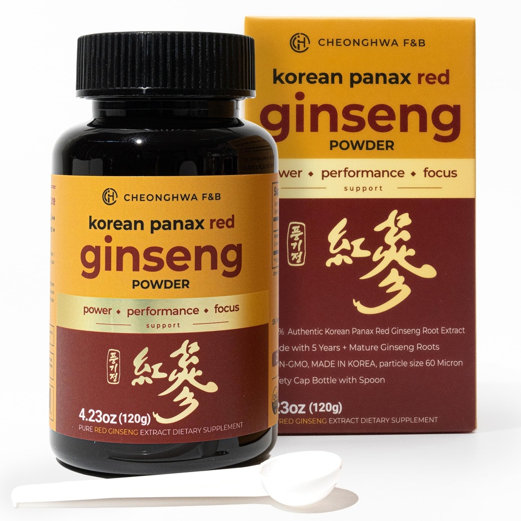 CHEONGHWA F&B Panax Ginseng pulver, 10% Ginsenoside (Totalt 20 000 mg, 4 måneders forsyning), 4.23oz, +5 år voksende koreansk rød panax Ginseng, fokus og immun støtte, ultrafin pulver, ikke-GMO