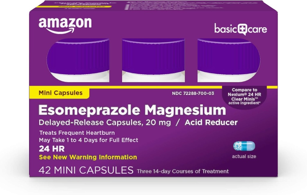 Basic Care Esomeprazol Magnesium forsinket - embolitt Mini kapsler, 20 mg, syre Reduser, 24 timer Heartburn medisin, 42 telling