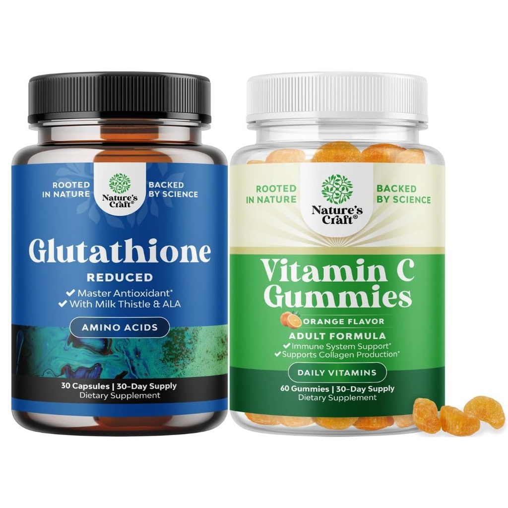 Bundle av Redusert Glutation Supplement med Melke Thistle - 500 mg per servering ren L Glutation og Chewable Vitamin C Gummies for voksne - Askorbinsyre Naturlig Gummy Immun Booster & Cold Remedy
