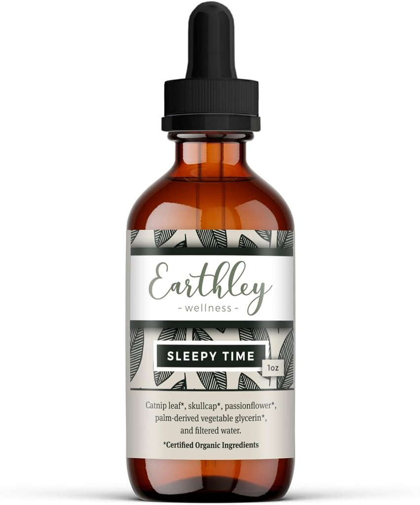 Earthley Wellness søvnig tid, naturlig herbal søvn støtte for voksne og barn, beroligende ekstrakt for avslapning og hvilefulle natter, alkohol-fri, laget med Catnip, Skullcap, og Passionflower (1oz)