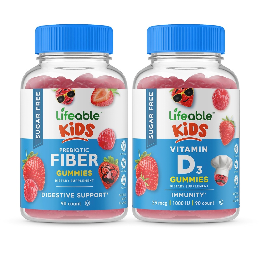 Livelig Sukker Gratis Preciotisk Fiber Kids + Vitamin D Kids, Gummier Bundle - Great Tasting, vitamin Supplement, Glutenfri, GMO Gratis, Chewable Gummy