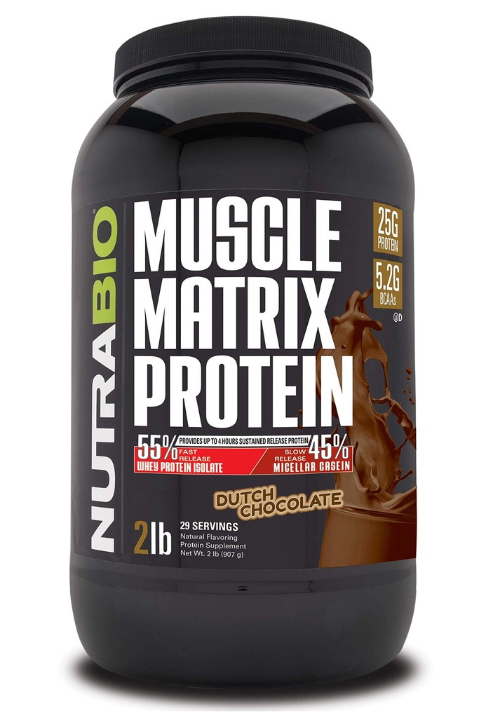 NutraBio Muscle Matrix Protein pulver - 25 g protein Per Scoop - Whey Isolate og Micellar Casein Combo for rask og langsom utgivelse - nederlandsk sjokolade - 2 pund, 28 serveringer