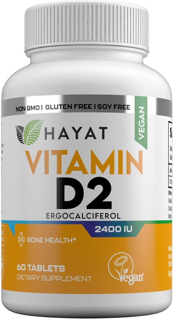 HAYAT vitaminer Vegansk vitamin D2 2400 IU (60 MCG), kosttilskudd for bein, tenner, muskel og immun helse støtte, 2 måneders forsyning, alle naturlige, sertifiserte Halal, 60 tabletter, laget i USA