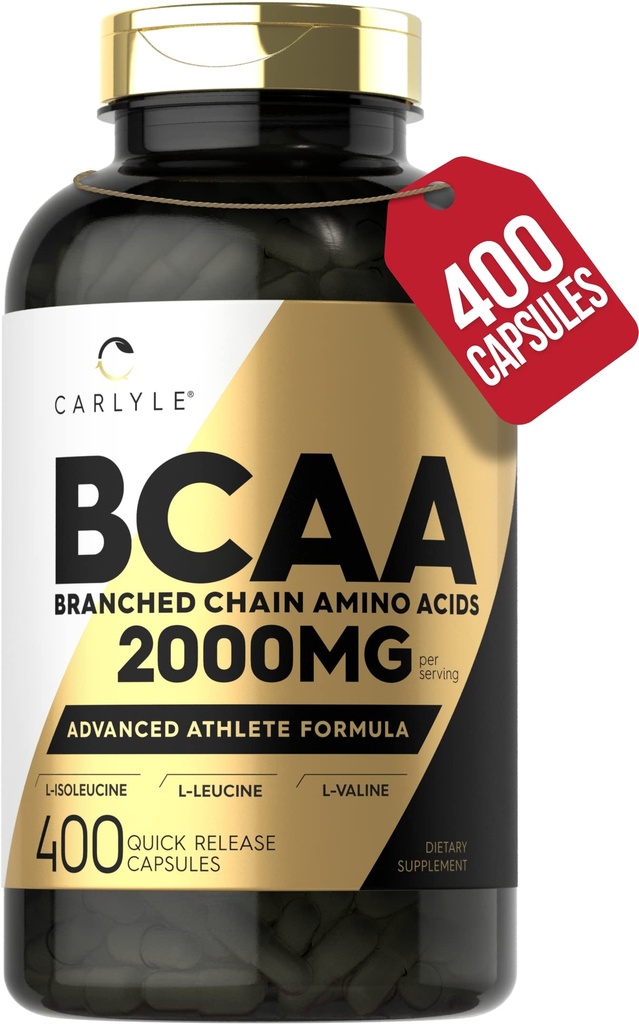 Carlyle BCAA-kapsler | 2000mg | 400 pulverpiller | Aminosyrer Supplerende blanding | for kvinner og menn | med L-Isoleucin, L-Leucine, L-Valine | Ikke-GMO og Glutenfri