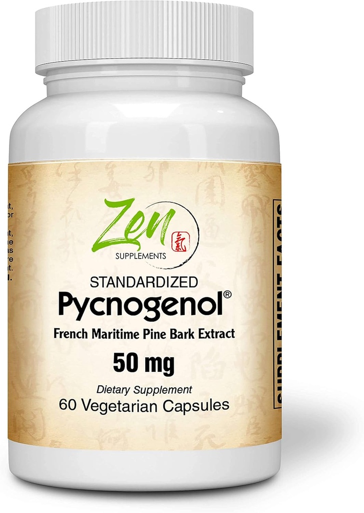 Zen Supplements Pycnogenol 50 mg - Standardisert Fransk Maritime Pine Bark Extract for Antioksidant & Inflammasjonsstøtte - Ikke-GMO, Gluten & Soya Gratis 60-Vegkaps